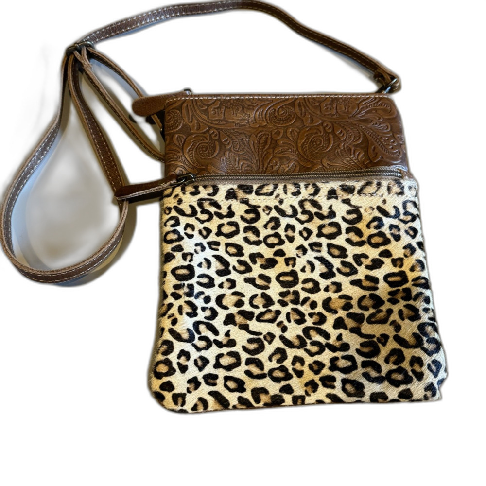 Myra Bag Crossbody Shoulder Leopard Hair-On Cowhide Tooled Leather Brown 8x10